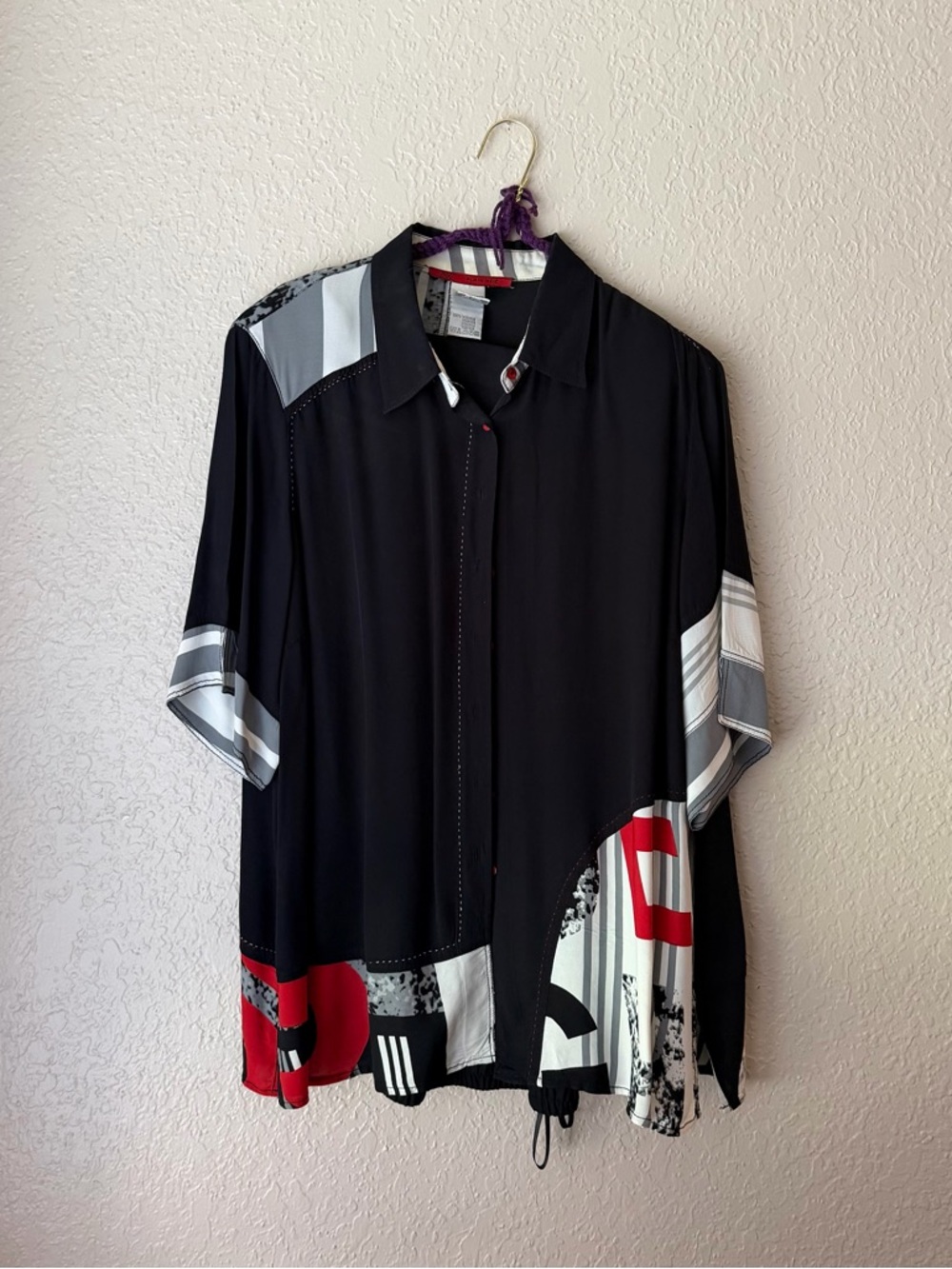 Dark Navy Graphic Button-Up Shirt with Red & Gray Accents